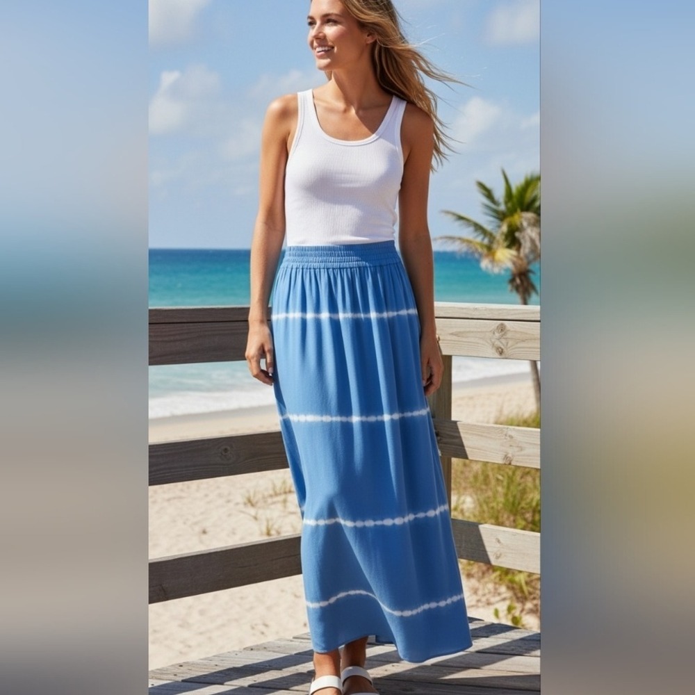 Chico's Maxi Sky Blue Skirt Size 0 Nautical‎  Pull-on Beach Coastal Cottagecore